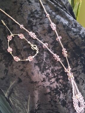 Delicate Pink Crystal Bead Necklace and Sterling Silver 925 Bracelet Set.